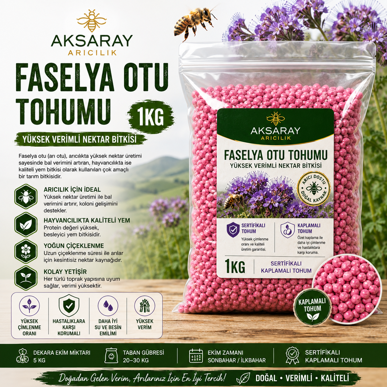 Faselya Otu Tohumu - 1 Kg | Arı Otu Tohumu Nektar ve Yem Bitkisi