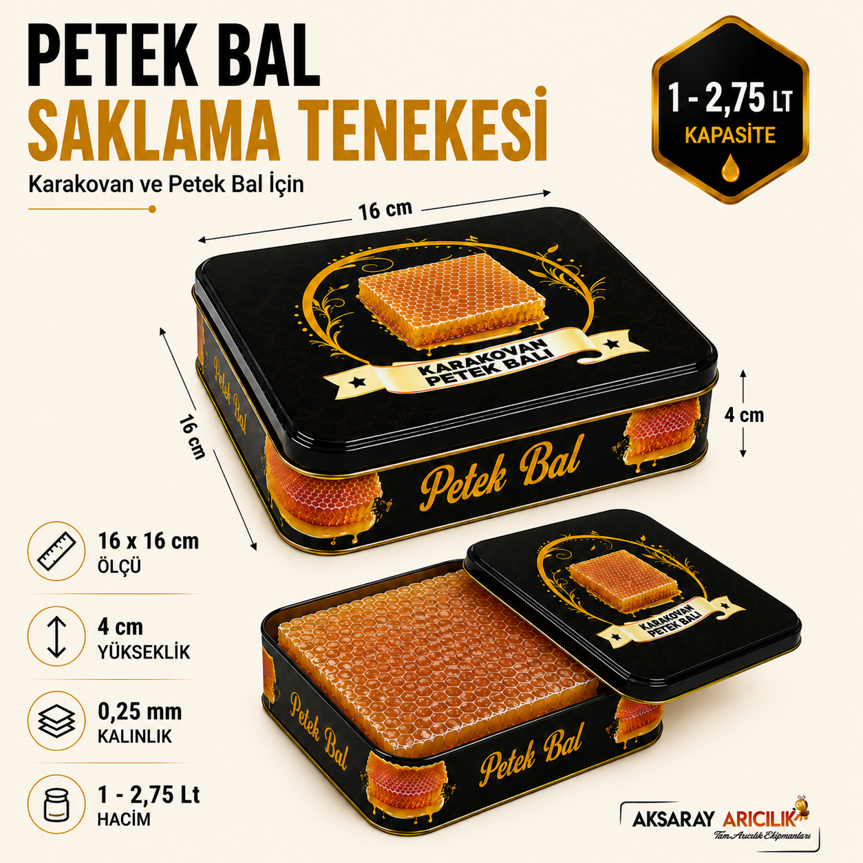 Petek Bal Saklama Tenekesi | 16x16 Kare cm Karakovan Bal Kutusu