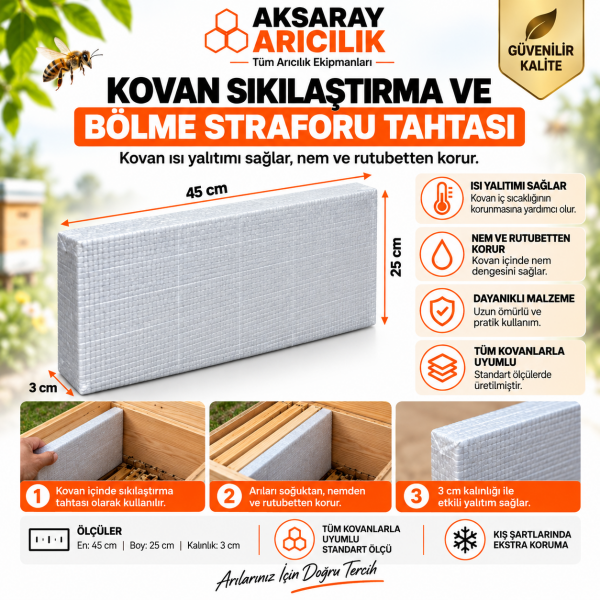 Arıcılık Kovan Bölme Straforu  1 ADET – Sıkılaştırma ve Isı Yalıtım Tahtası 45x25x3 cm