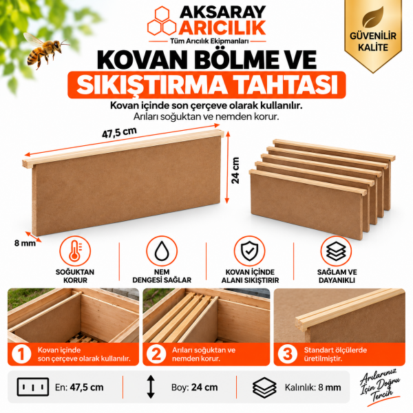Arıcılık Kovan Bölme Tahtası ve Sıkılaştırma Tahtası 1 Adet – 47,5x24 cm