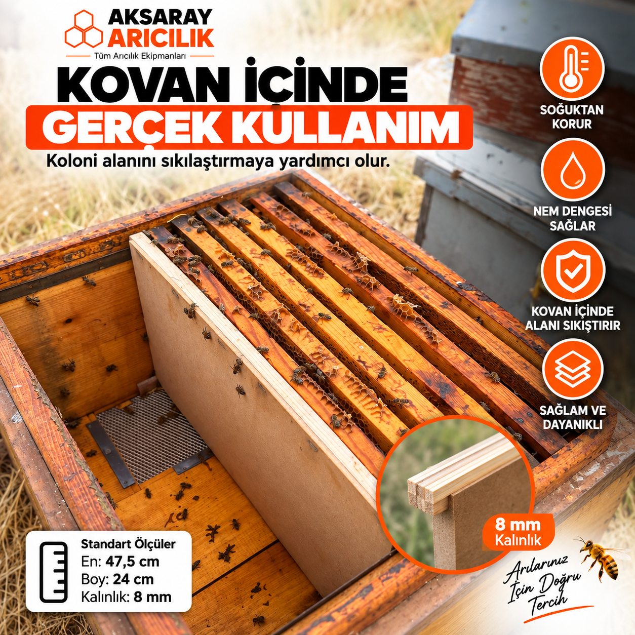 Arıcılık Kovan Bölme Tahtası ve Sıkılaştırma Tahtası 1 Adet – 47,5x24 cm