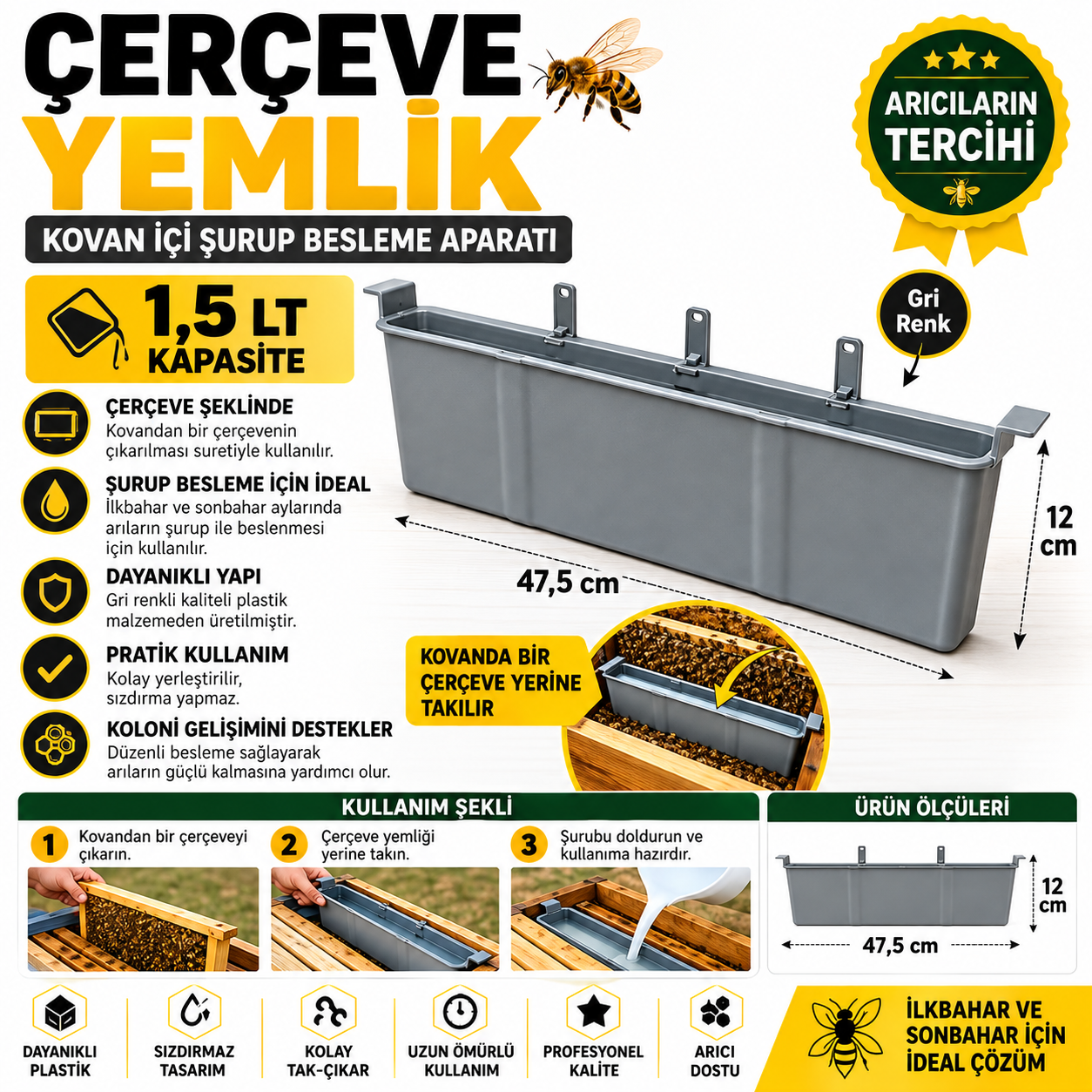Çerçeve Yemlik 1,5 Litre – Kovan İçi Şurup Besleme Aparatı 1 Adet